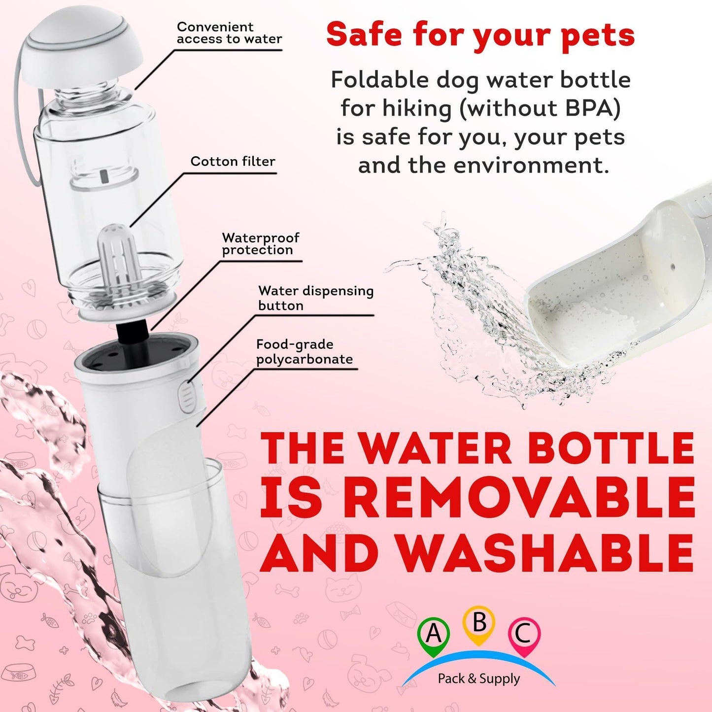 Portable Dog Water Bottle Dispenser ,Pet Water Bottles for Dogs on Walks ABS Dog Travel Water Bottle with Silicone Strap & Cotton Filter