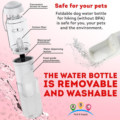 Portable Dog Water Bottle Dispenser ,Pet Water Bottles for Dogs on Walks ABS Dog Travel Water Bottle with Silicone Strap & Cotton Filter