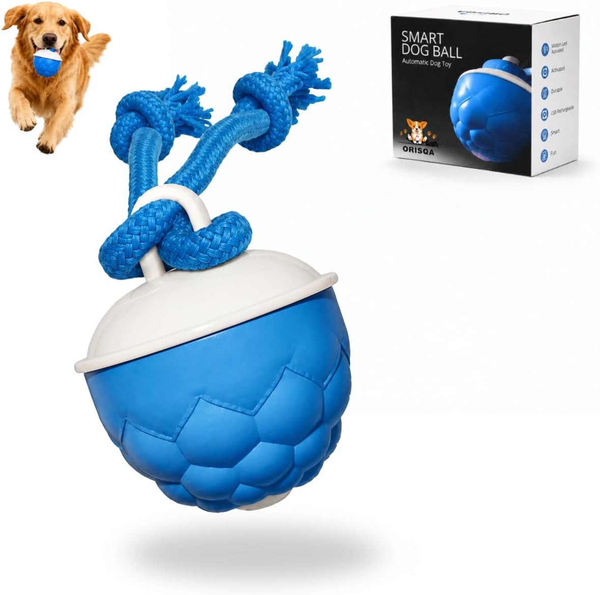 Interactive Motion-Activated Dog Toy with Rope – Rechargeable Smart Ball for Small Dogs, Featuring 3 Speed Modes and Durable Design
