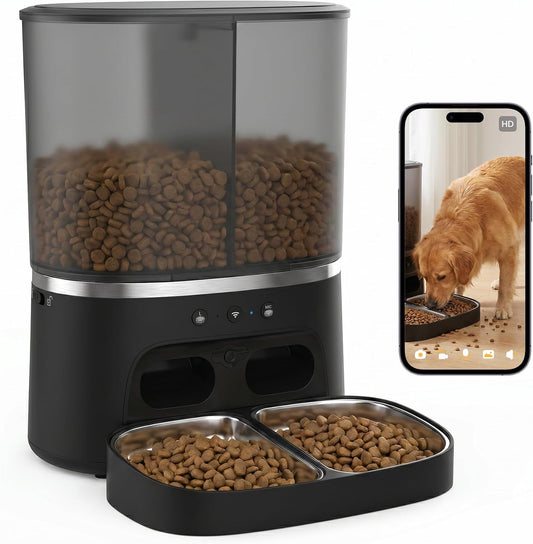 Automatic Cat Feeder with Camera, Automatic Dog Feeder Dry Food, 8L Dual Hopper Auto Cat Food Dispenser, 1080P HD Video with Night Vision/2-Way Audio/App, 5G Wifi Pet Feeder with Low Food Tray-Black